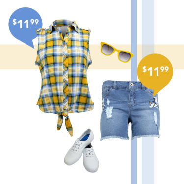Shirt, shorts, glasses, and shoes
